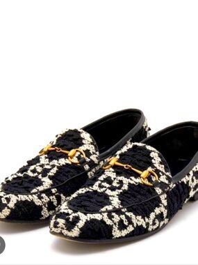 Gucci Black & Cream Tweed Logo Horse-bit Loafers Women’s Sz 40.5